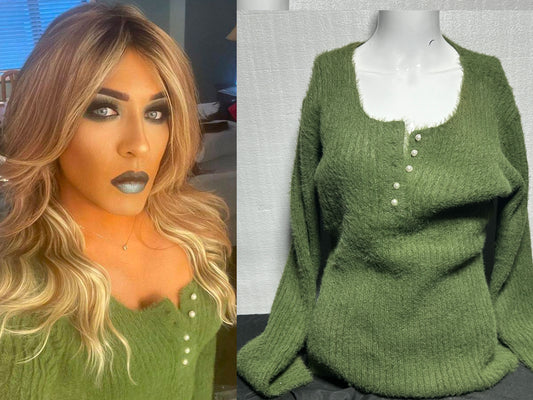 Green Fuzzy Sweater Worn in Photos Size XL  (#014)