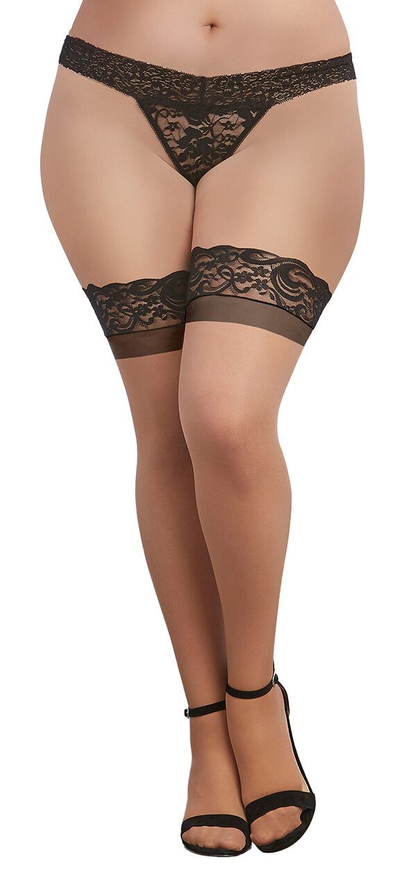 Cuban Heel Lace Top Thigh High Stockings Nude Black Queen from Dreamgirl